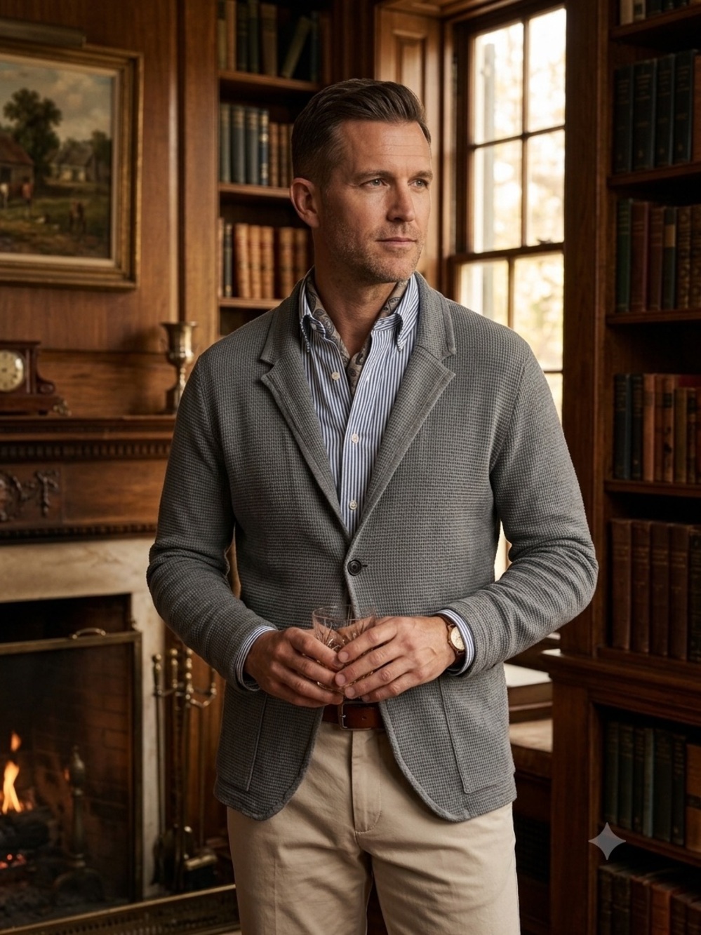 Strellson XL Waffle Knit Shawl Collar Cardigan Gray Cotton Sweater Old Money